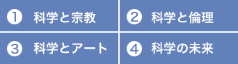1)科学と宗教、2)科学と倫理、3)科学とアート、4)科学の未来